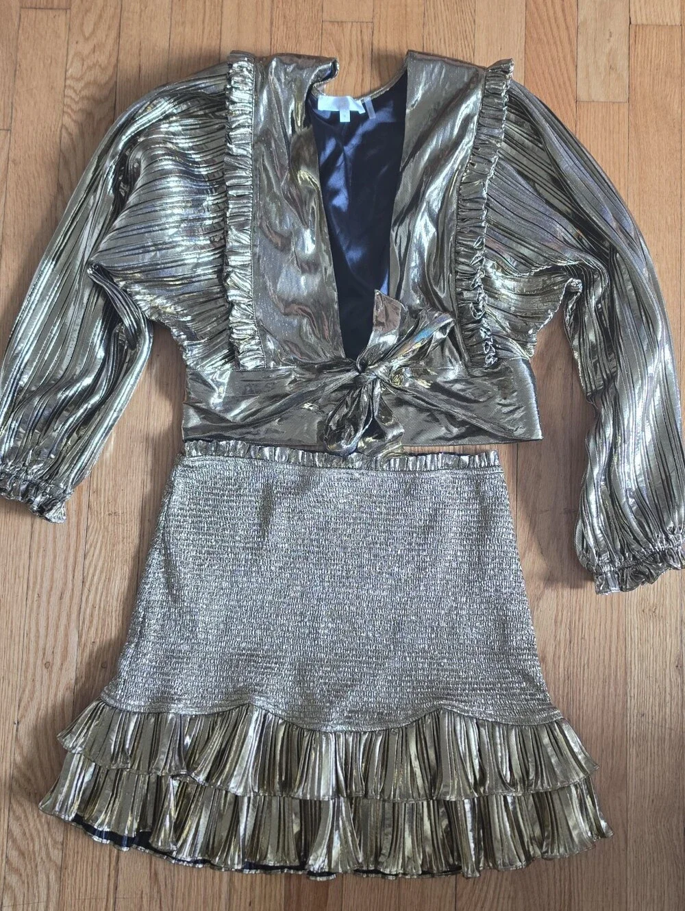 LoveShackFancy Missy Shine Crop Top & Nolita Skirt Set Metallic Gold Sz M